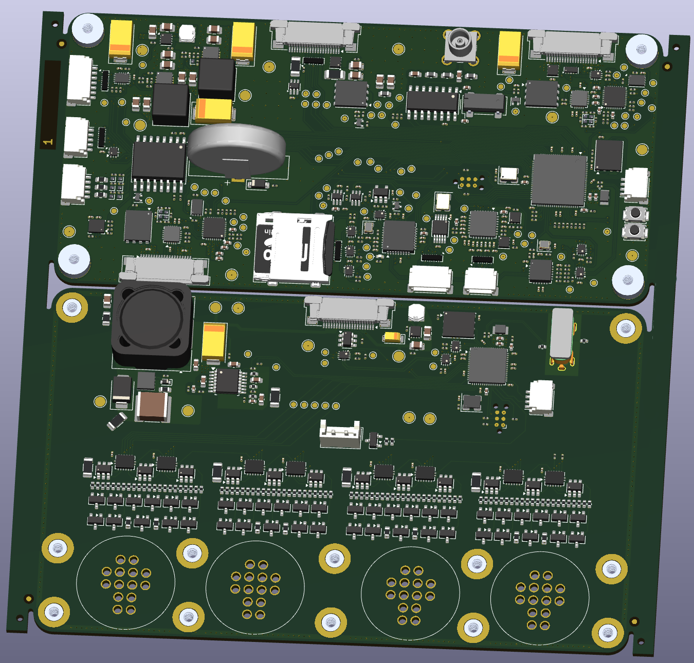 3D KiCAD render of the board panel: main board above, display board below.