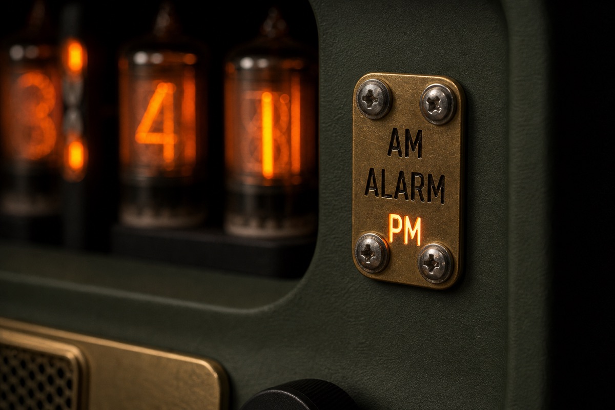 Brass AM/ALARM/PM indicator plate macro